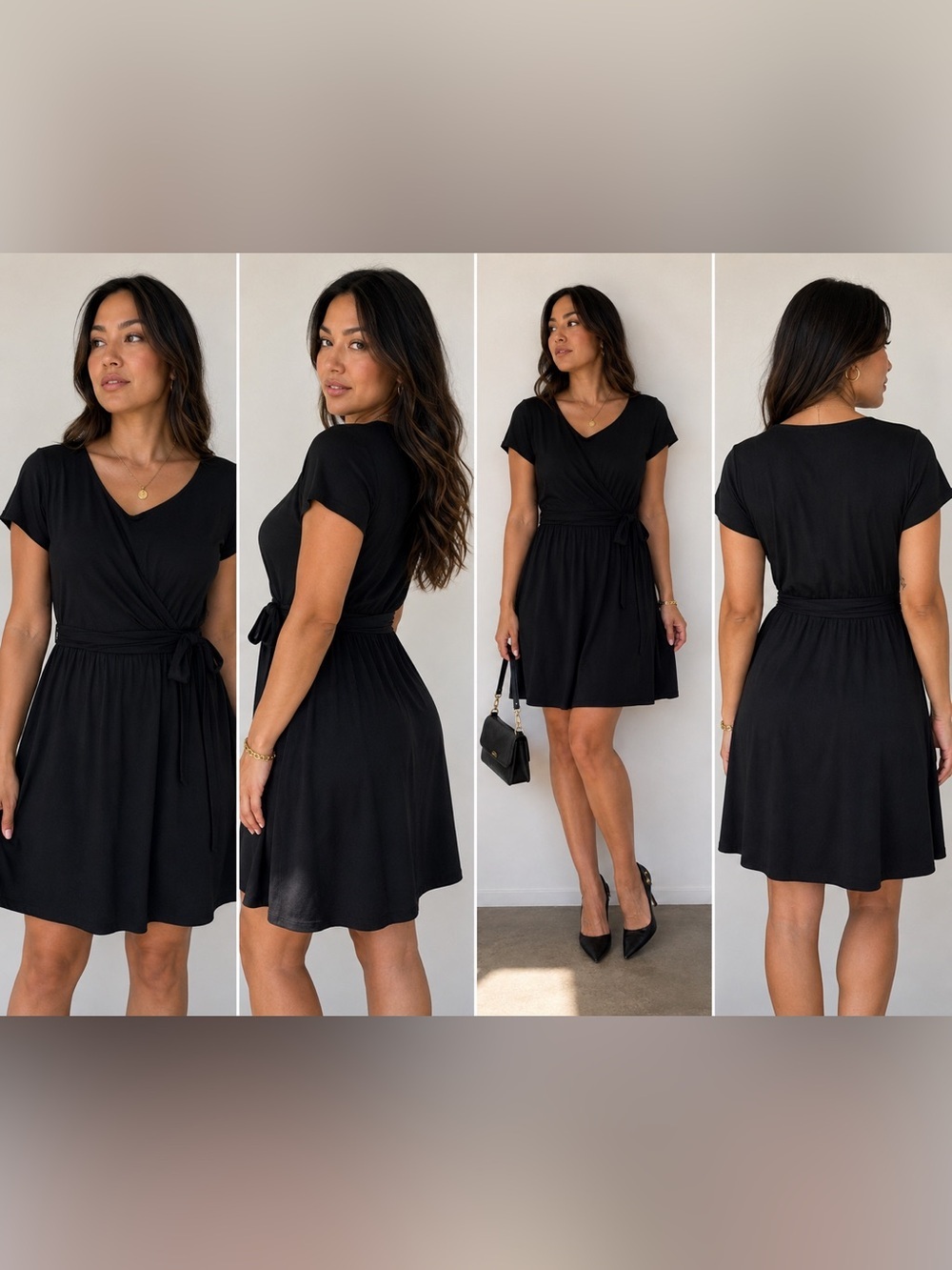 ModCloth Black Faux Wrap Tie Waist Dress Short Sleeve Fit & Flare Small